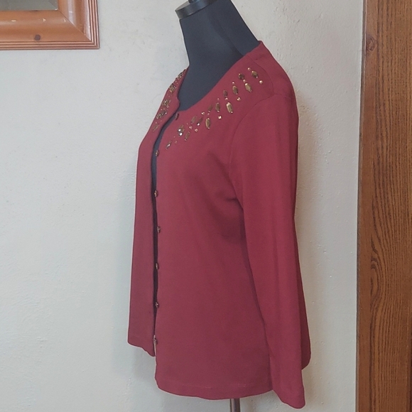 Women's Rafaella Petite Wine Cardigan with Champagne Gold Accents Sz PM - Picture 3 of 11